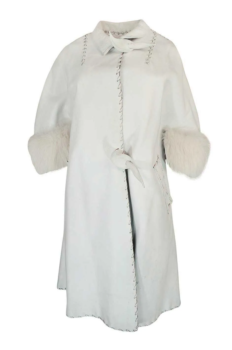 1950s White Leather Tent Coat With Whip Stitch & Fur Cuffs