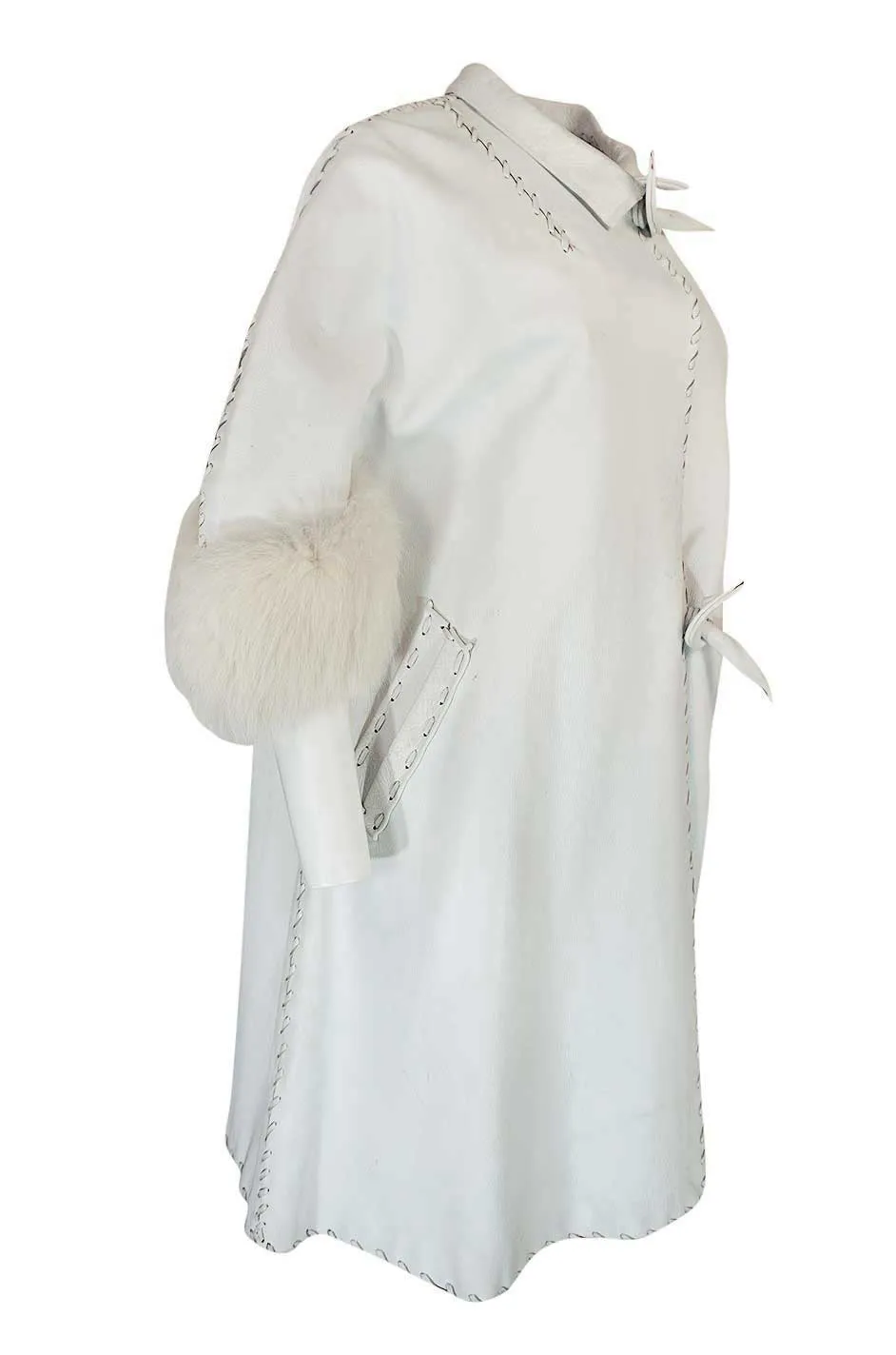 1950s White Leather Tent Coat With Whip Stitch & Fur Cuffs