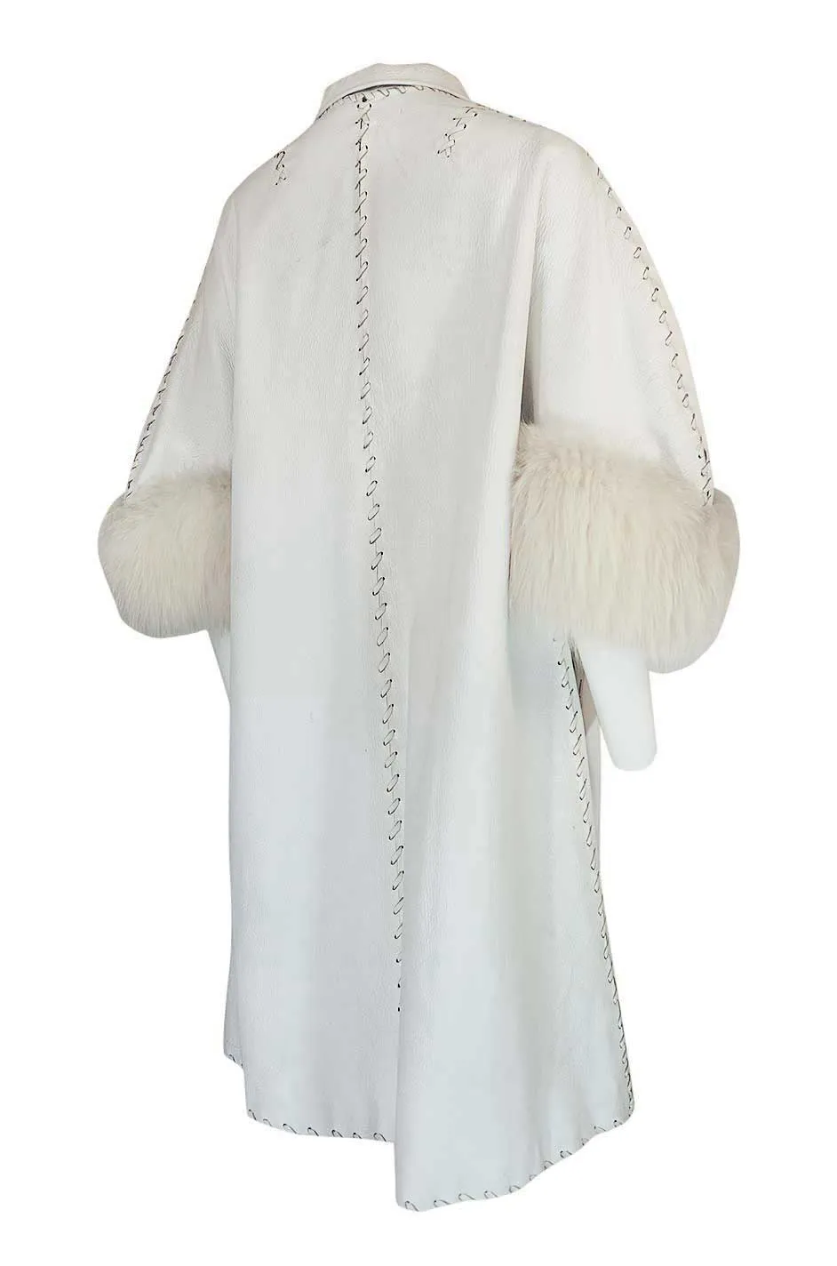 1950s White Leather Tent Coat With Whip Stitch & Fur Cuffs