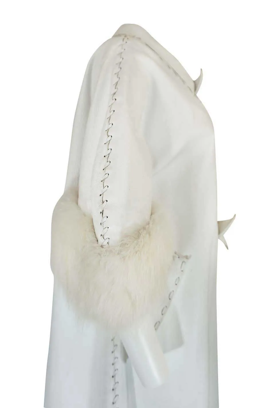 1950s White Leather Tent Coat With Whip Stitch & Fur Cuffs