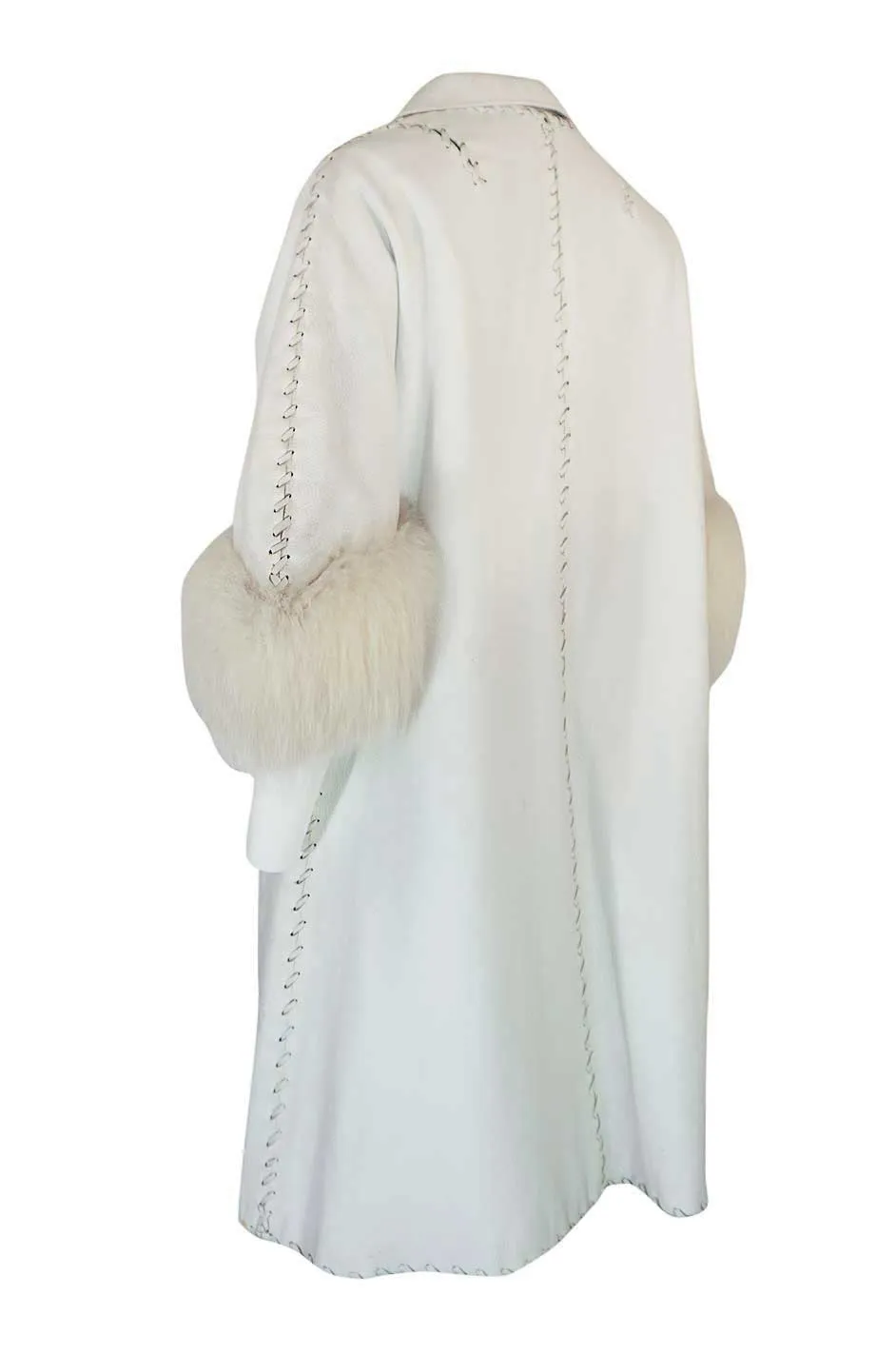 1950s White Leather Tent Coat With Whip Stitch & Fur Cuffs