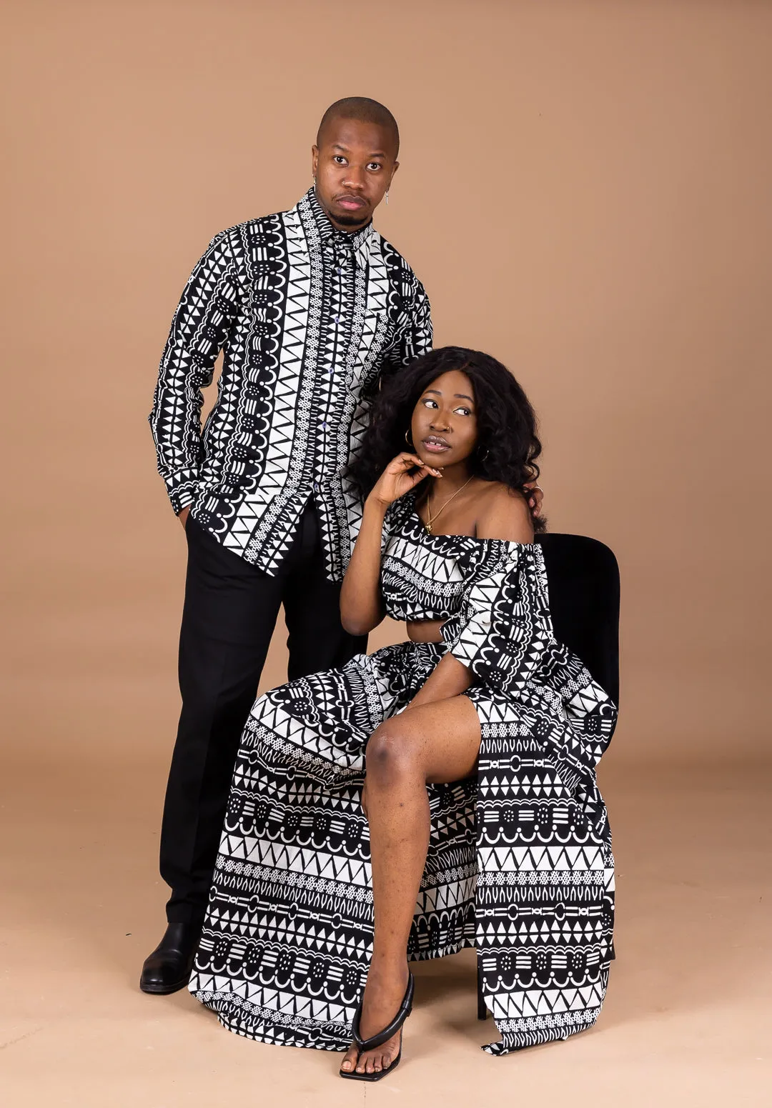 Amos Ankara Men Long-sleeved  Shirt | Black and White African Tribal Print