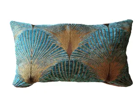 Art Deco feather fan green blue cushion