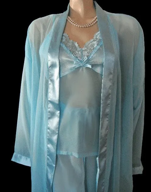 *BEAUTIFUL COLLECTIONS, ETC. 3-PIECE SATIN & CHIFFON PEIGNOIR & PAJAMA SET IN SPA - SIZE EXTRA LARGE / XL - LOOKS AS THOUGH IT HAS NOT BEEN WORN