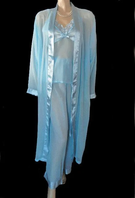 *BEAUTIFUL COLLECTIONS, ETC. 3-PIECE SATIN & CHIFFON PEIGNOIR & PAJAMA SET IN SPA - SIZE EXTRA LARGE / XL - LOOKS AS THOUGH IT HAS NOT BEEN WORN