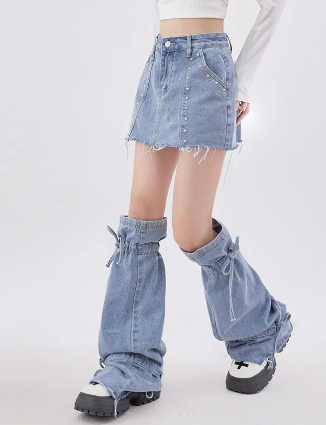 Blue Denim Y2K High Waist Skirt & Leg Warmers Two Piece