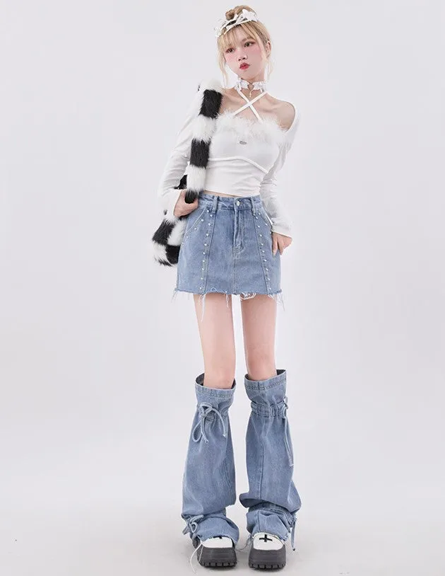 Blue Denim Y2K High Waist Skirt & Leg Warmers Two Piece