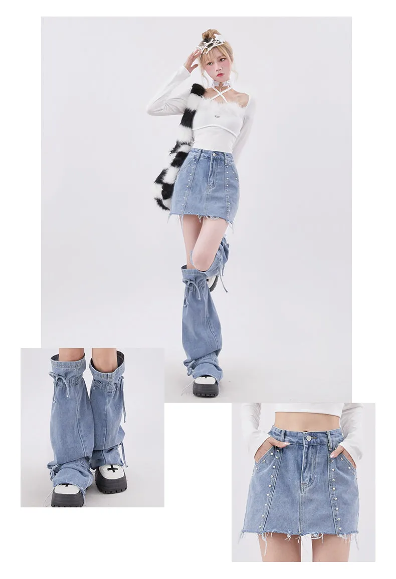 Blue Denim Y2K High Waist Skirt & Leg Warmers Two Piece