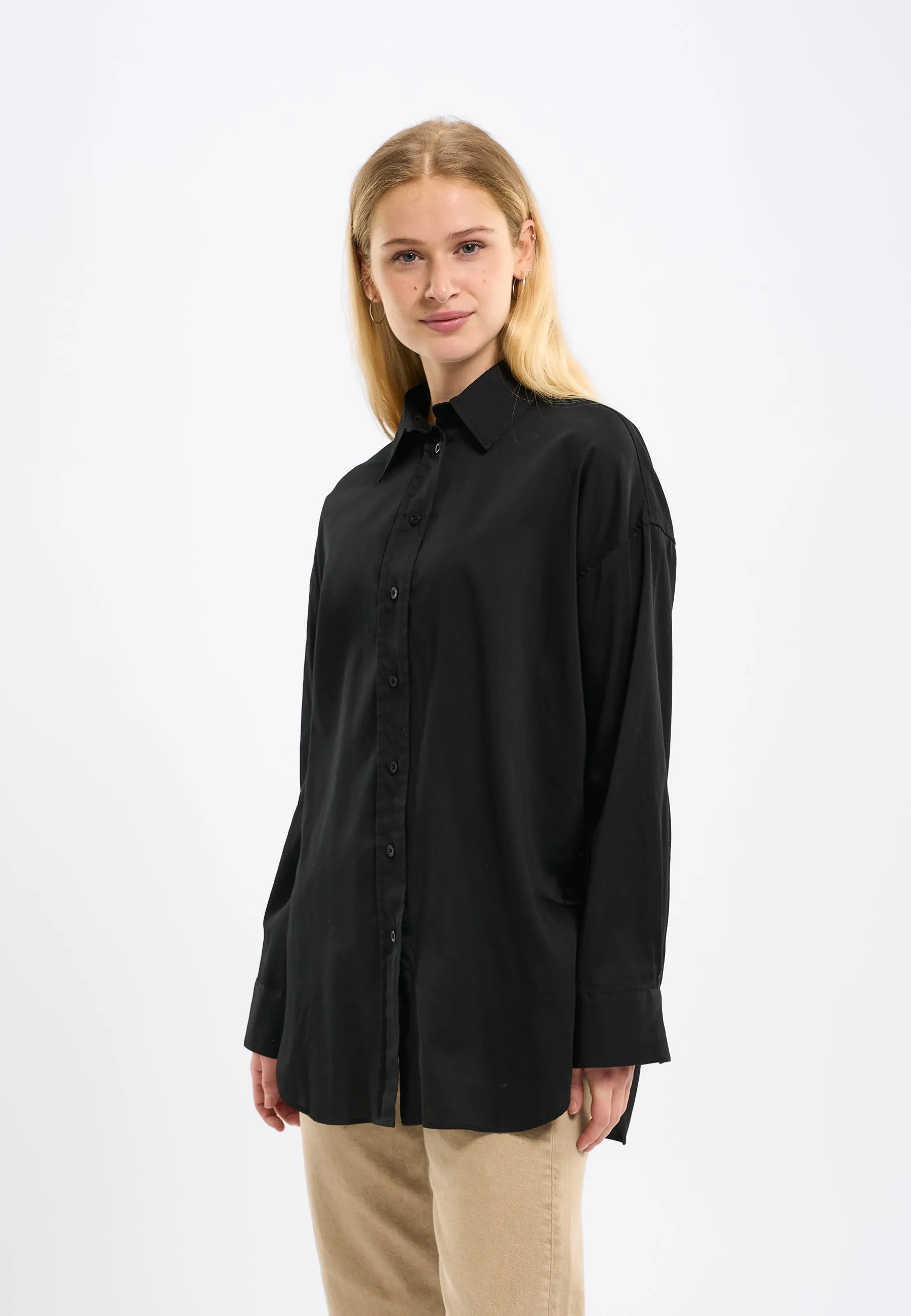 Cotton satin oversized long sleeved shirt - Black Jet