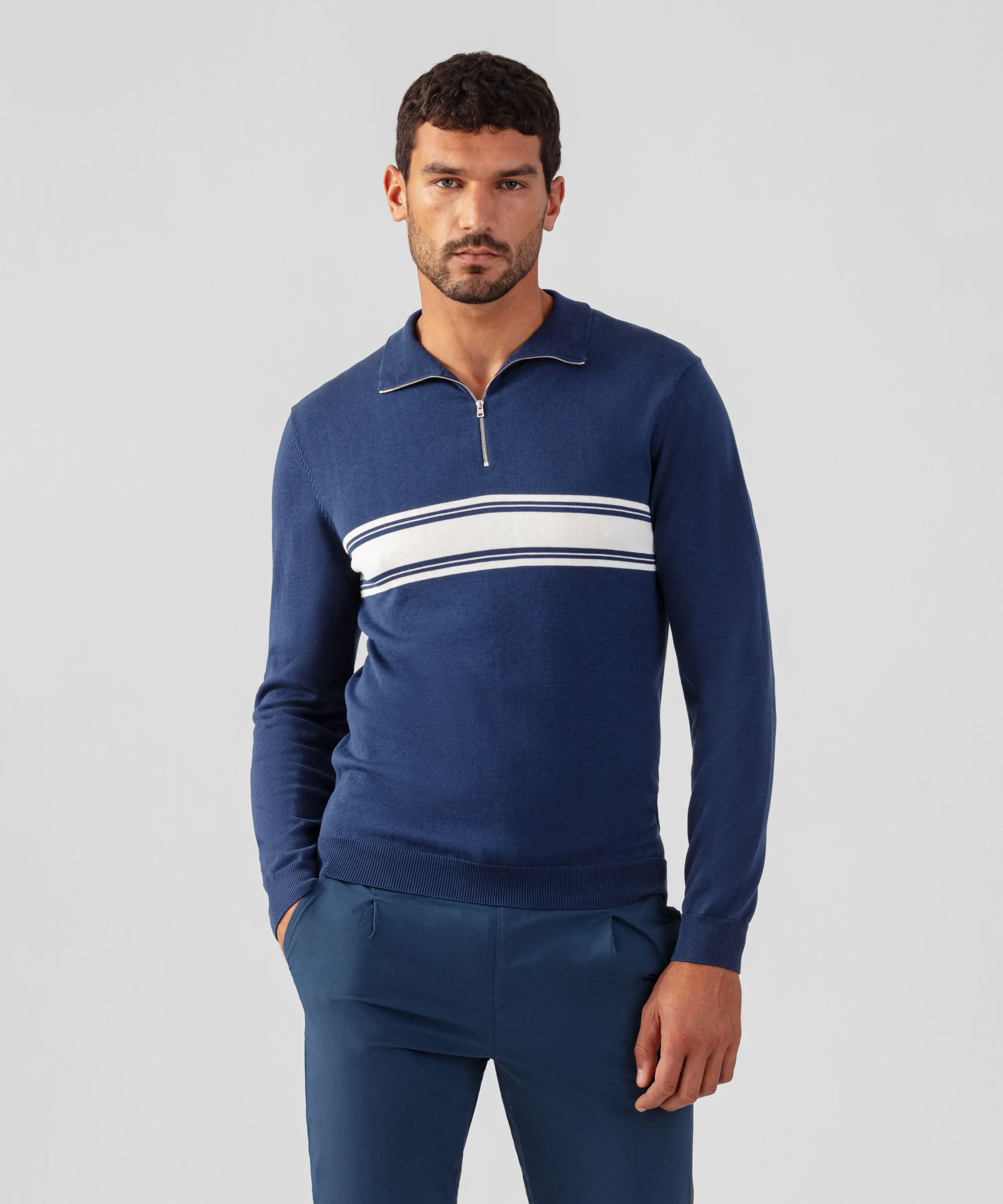 Premium Deep Blue Cotton-Silk Long-Sleeve Polo Shirt