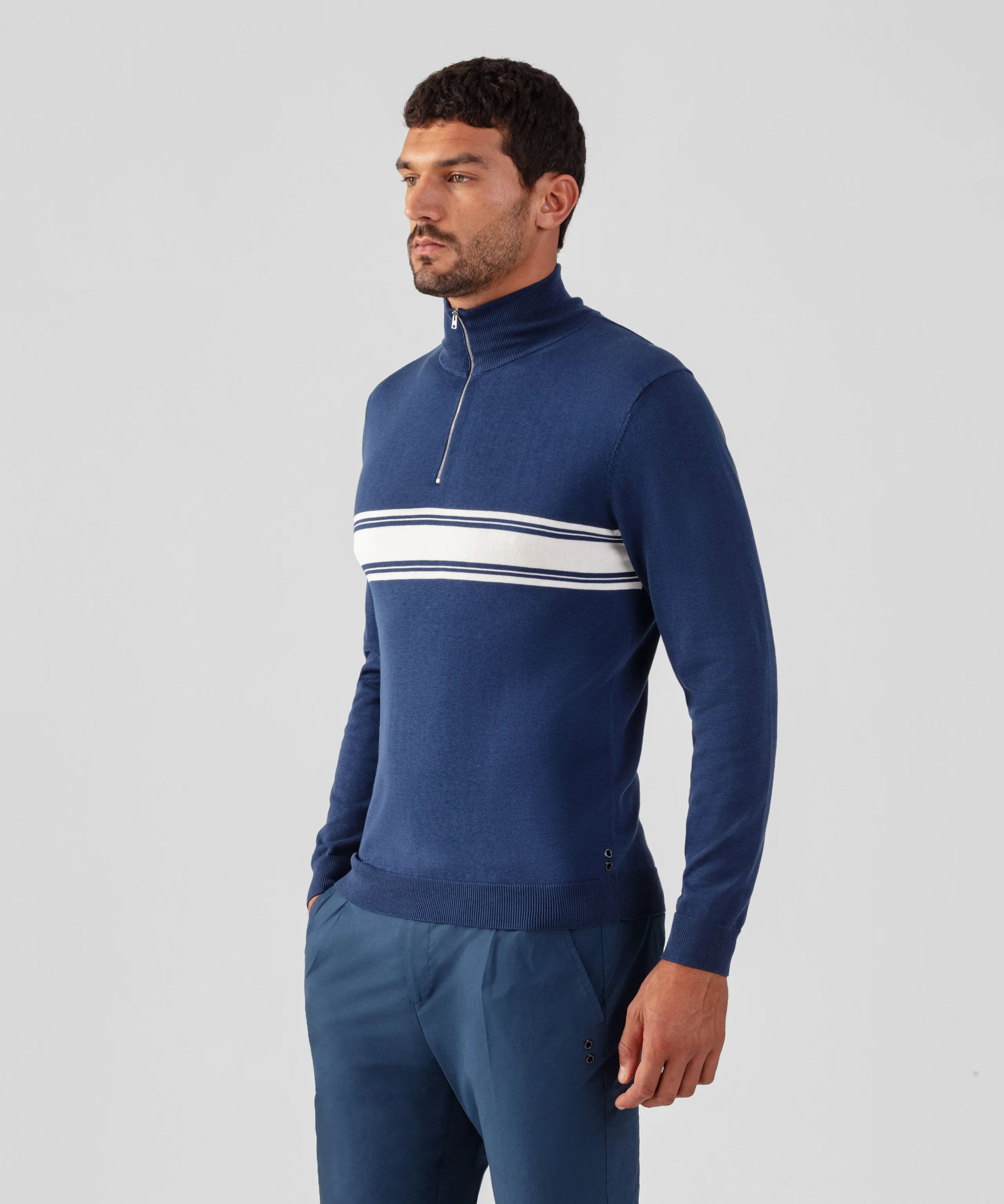 Premium Deep Blue Cotton-Silk Long-Sleeve Polo Shirt