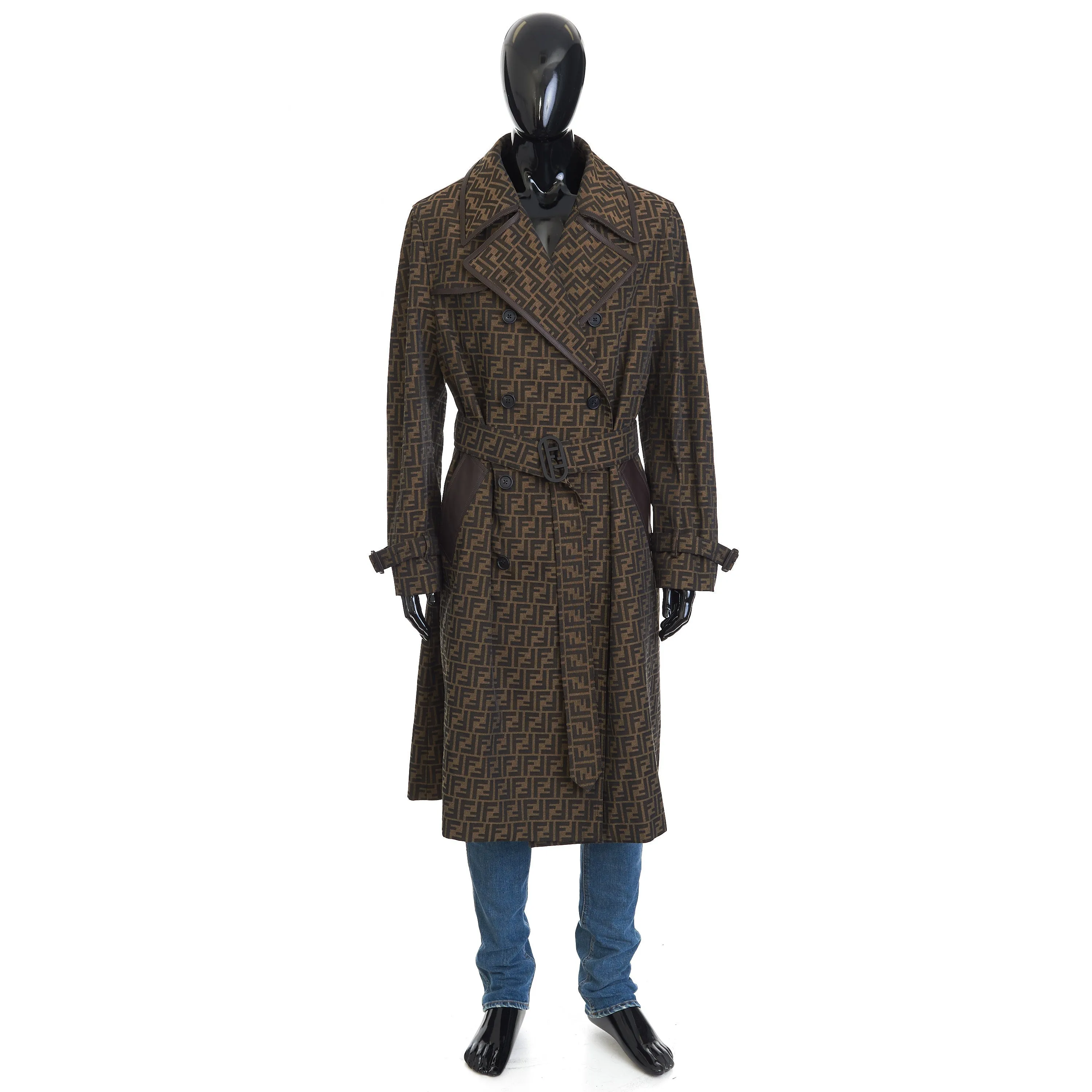 Double Breasted Trench Coat In Brown FF Jacquard Fabric