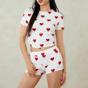 Heart Print two Piece Pajamas Shorts Set