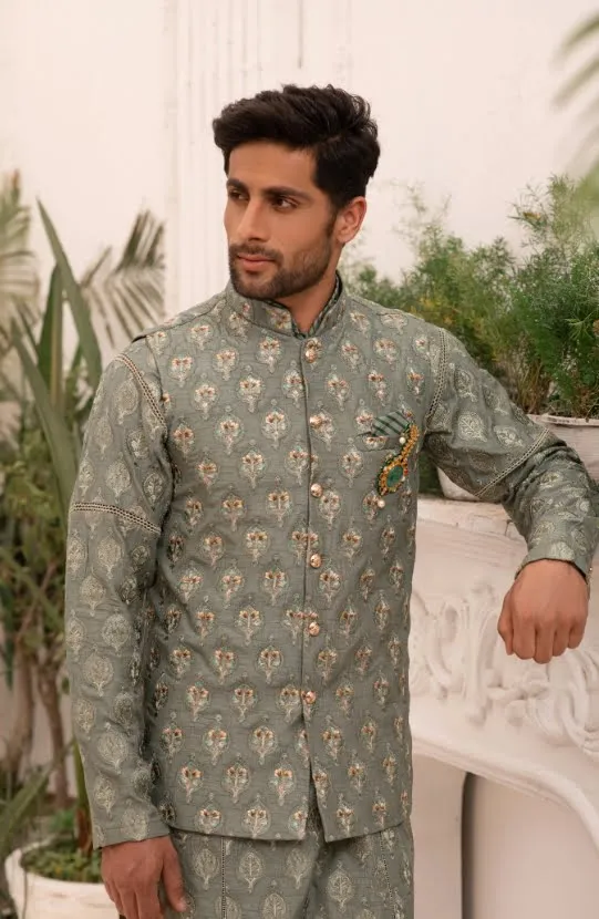 Jade Green Kurta with Straight Pants & Embroidered Waistcoat