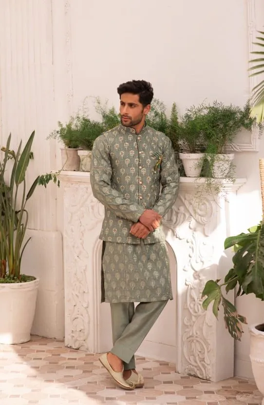 Jade Green Kurta with Straight Pants & Embroidered Waistcoat