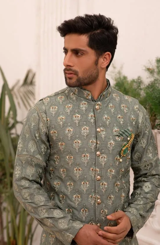 Jade Green Kurta with Straight Pants & Embroidered Waistcoat