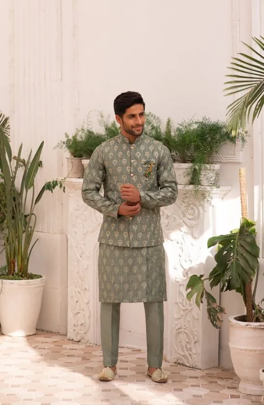 Jade Green Kurta with Straight Pants & Embroidered Waistcoat