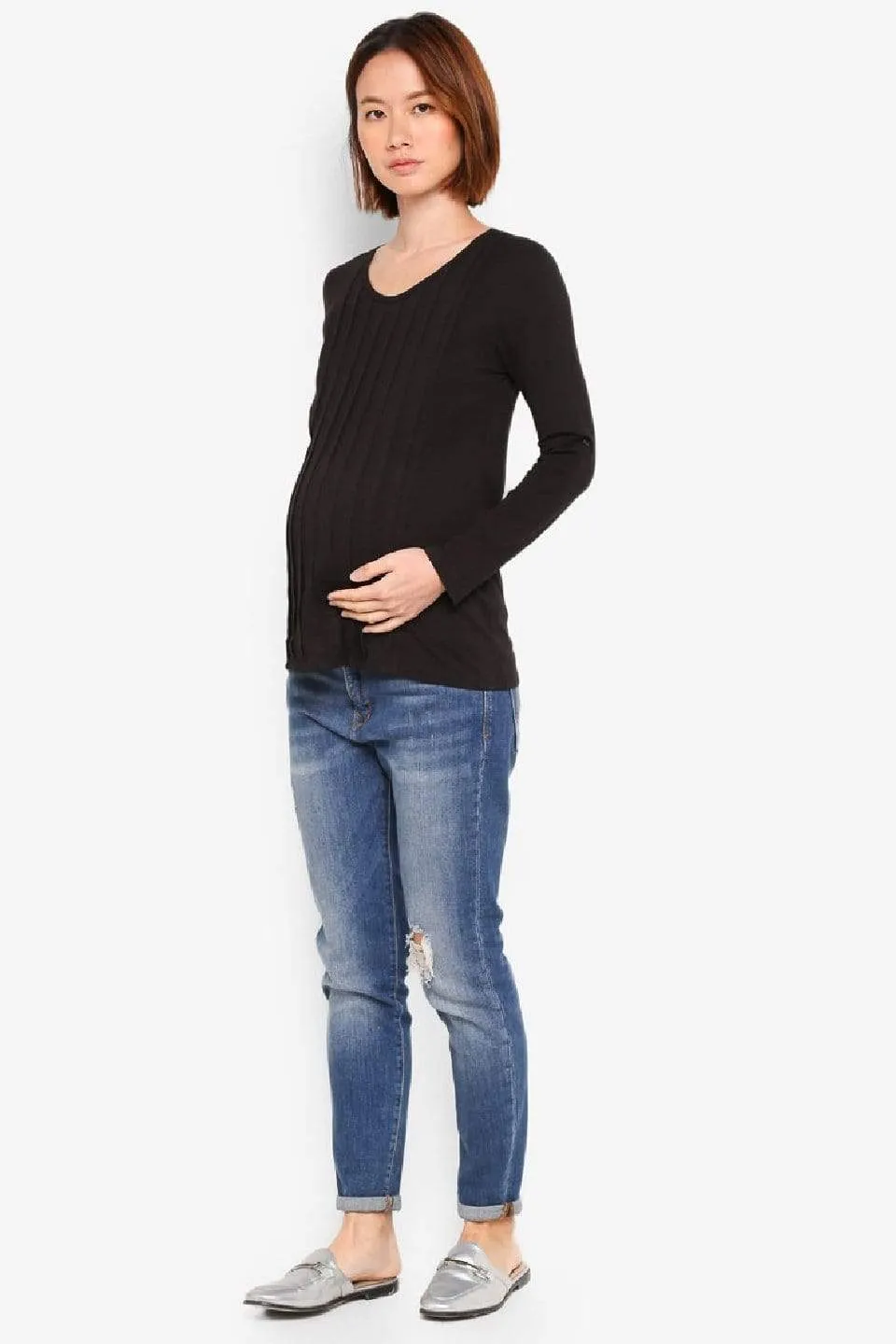 Long Sleeved Venus Pleats Row Nursing Top Black