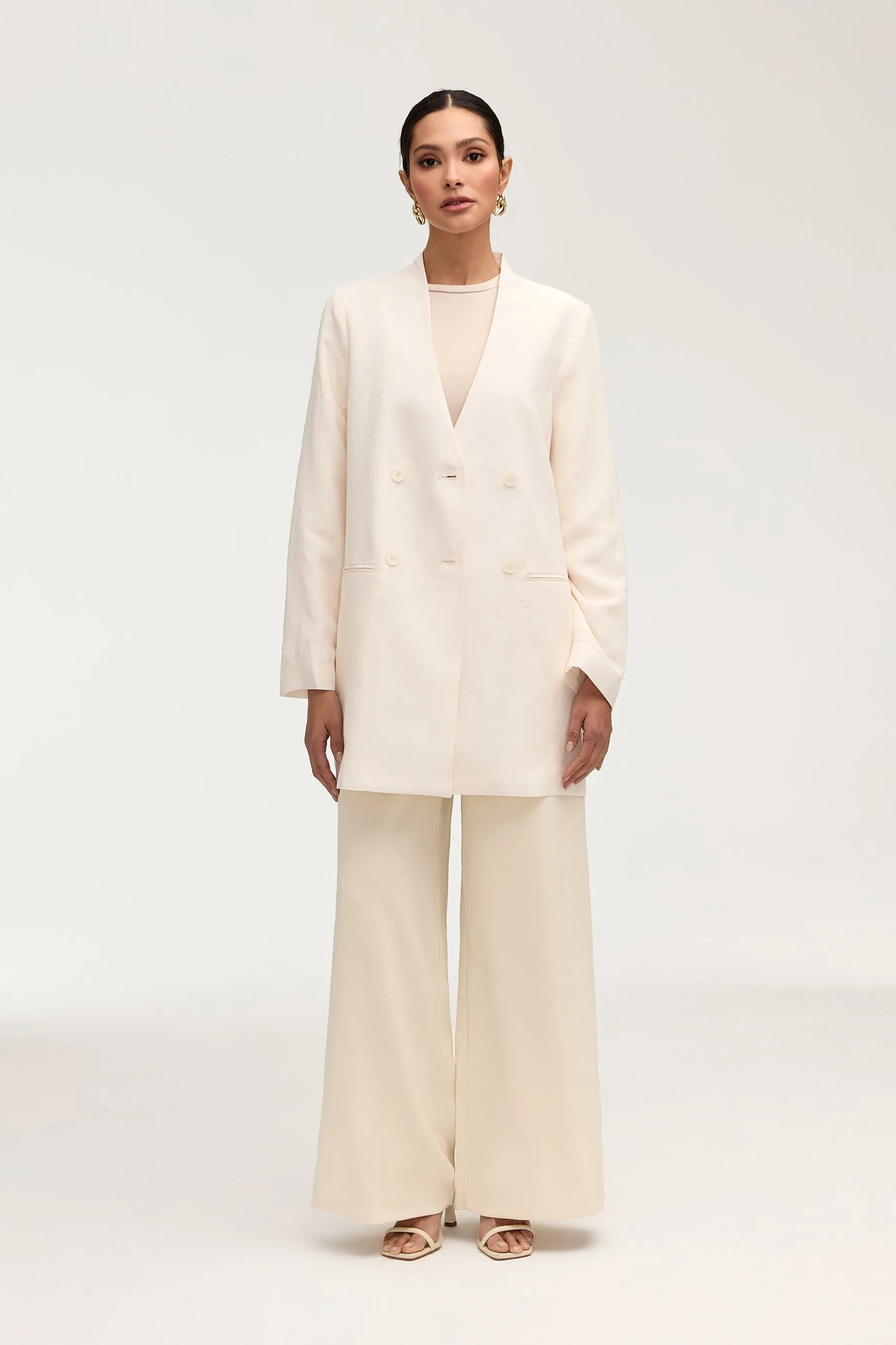 Longline Cupro Linen Oversized Blazer - Off White