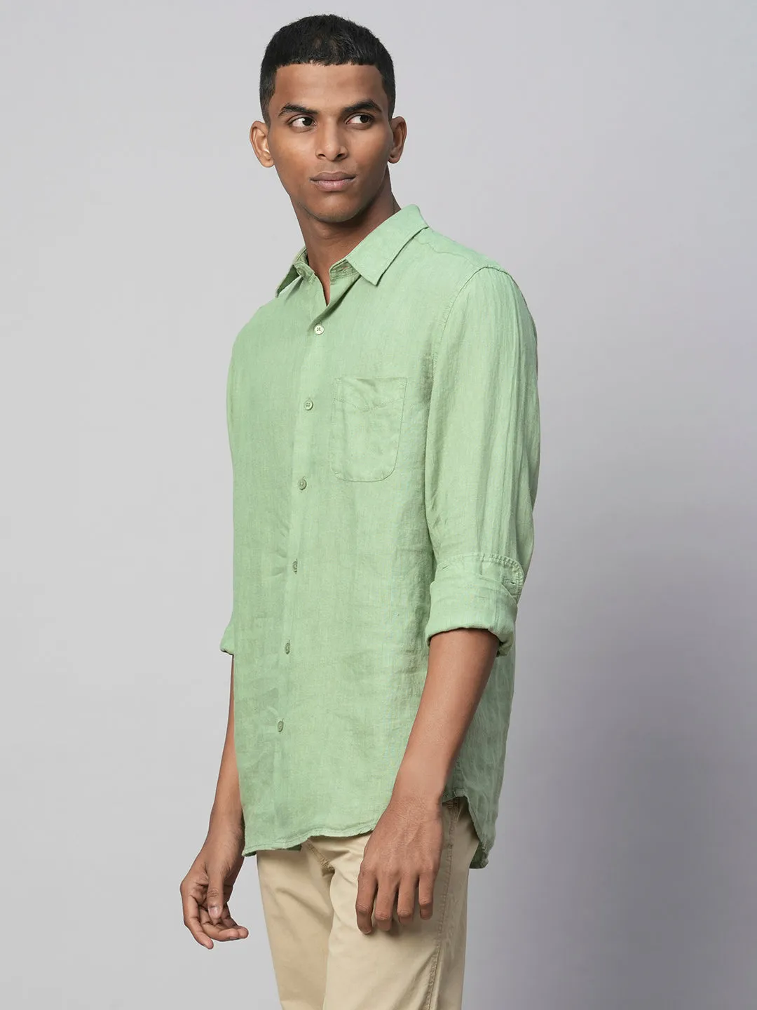 Men's 100% Linen Green Regular Fit Long Sleeved Shirt