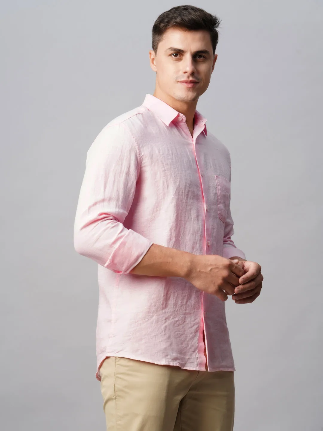 Men's 100% Linen Pink Regular Fit Long Sleeved Shirt