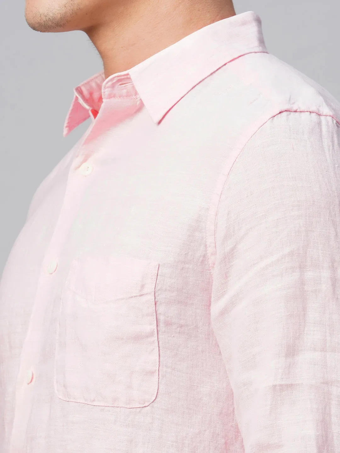 Men's 100% Linen Pink Regular Fit Long Sleeved Shirt