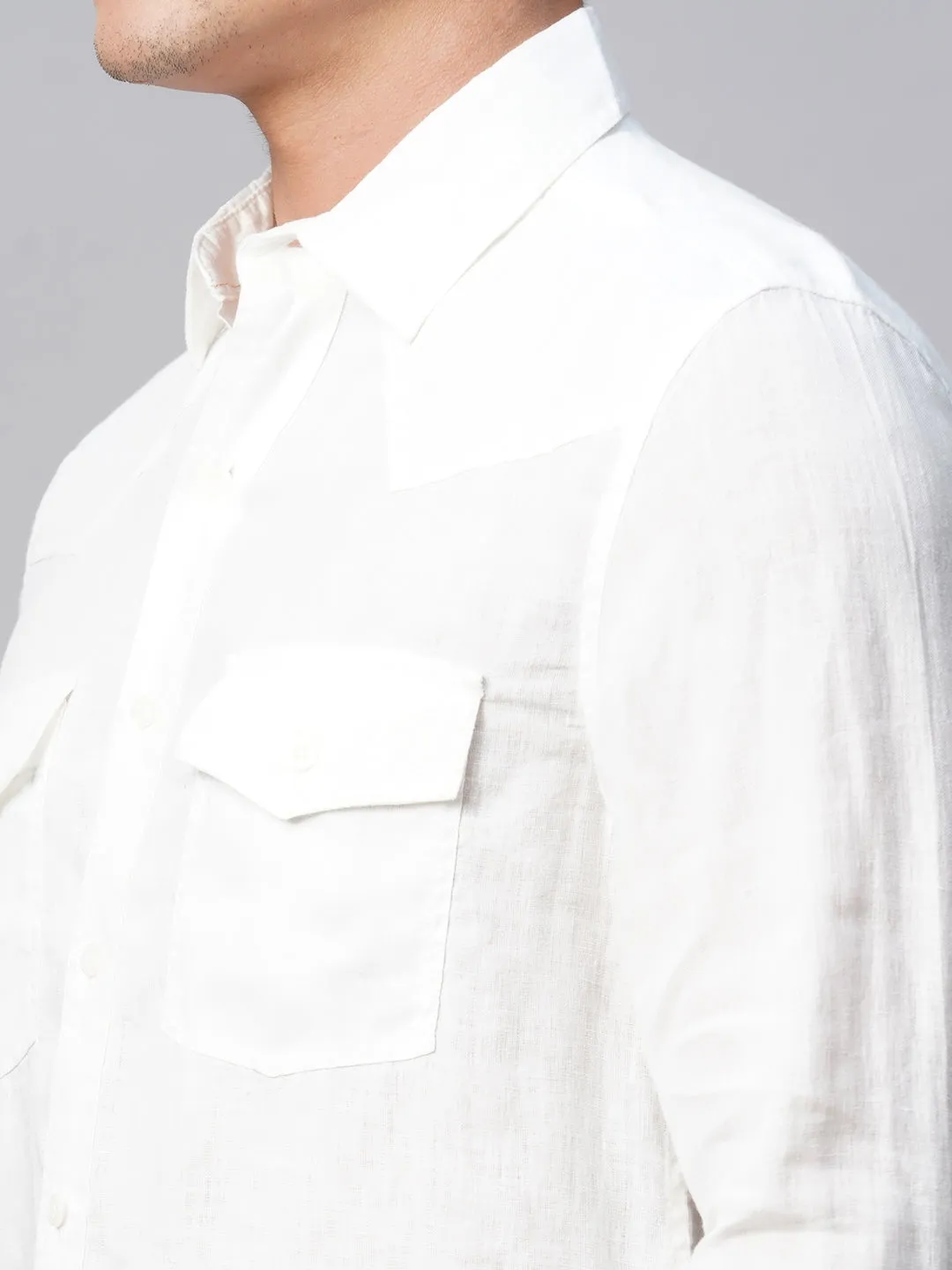 Men's 100% White Linen Regular Fit Long Sleeved Shirt