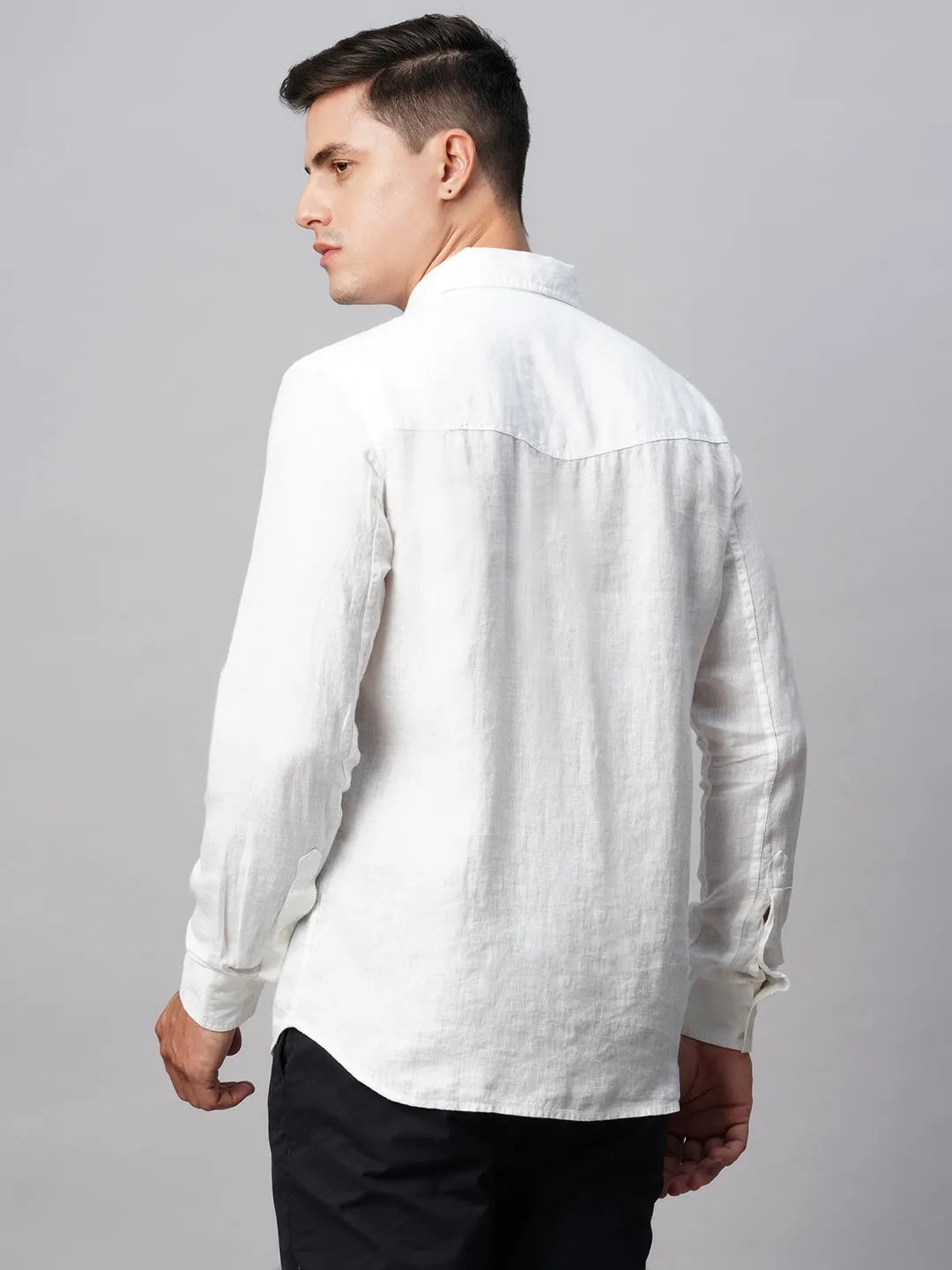 Men's 100% White Linen Regular Fit Long Sleeved Shirt