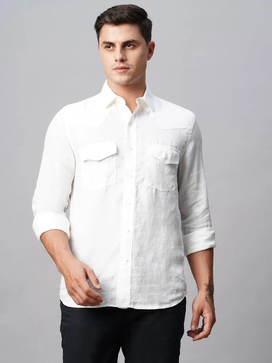 Men's 100% White Linen Regular Fit Long Sleeved Shirt