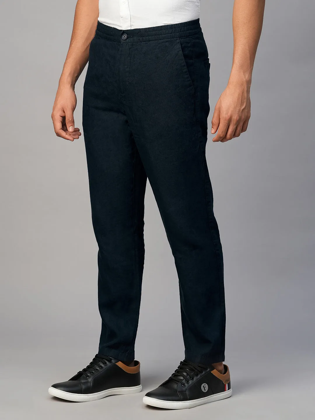 Men's Navy 100% Linen Regular Fit Pant