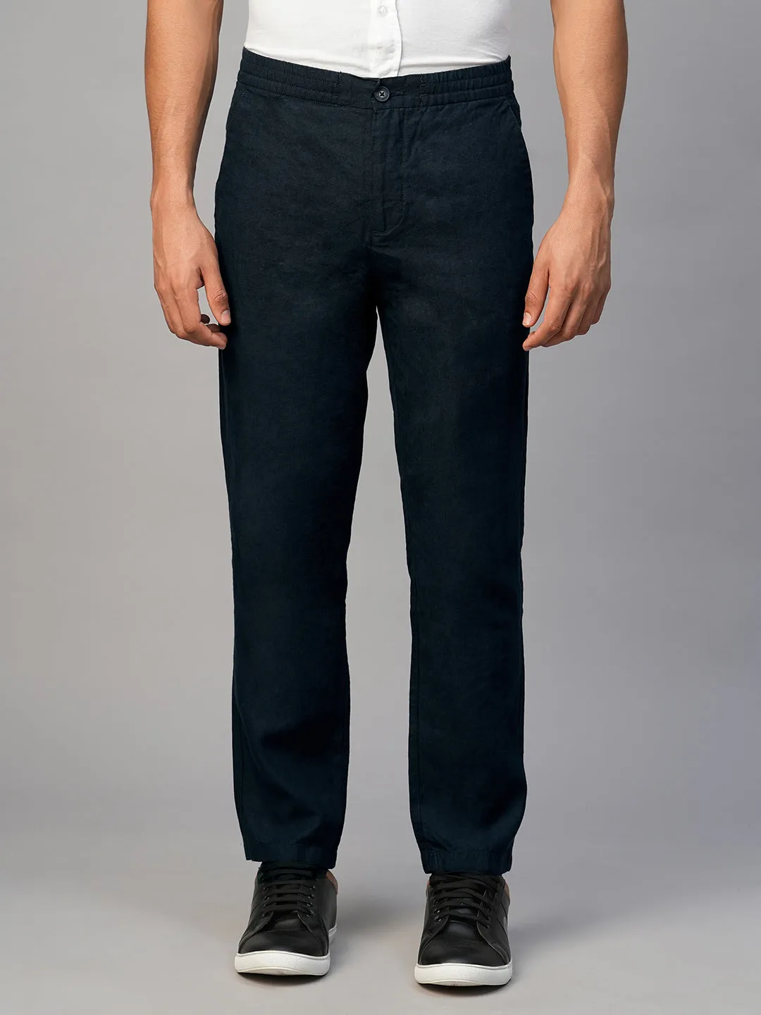 Men's Navy 100% Linen Regular Fit Pant