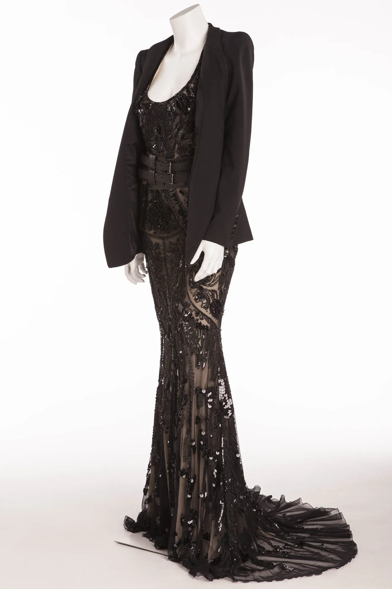 Roberto Cavalli - 4PC Beaded Sequin Long Blazer Dress with Blazer, IT 42  Belt & Tiara