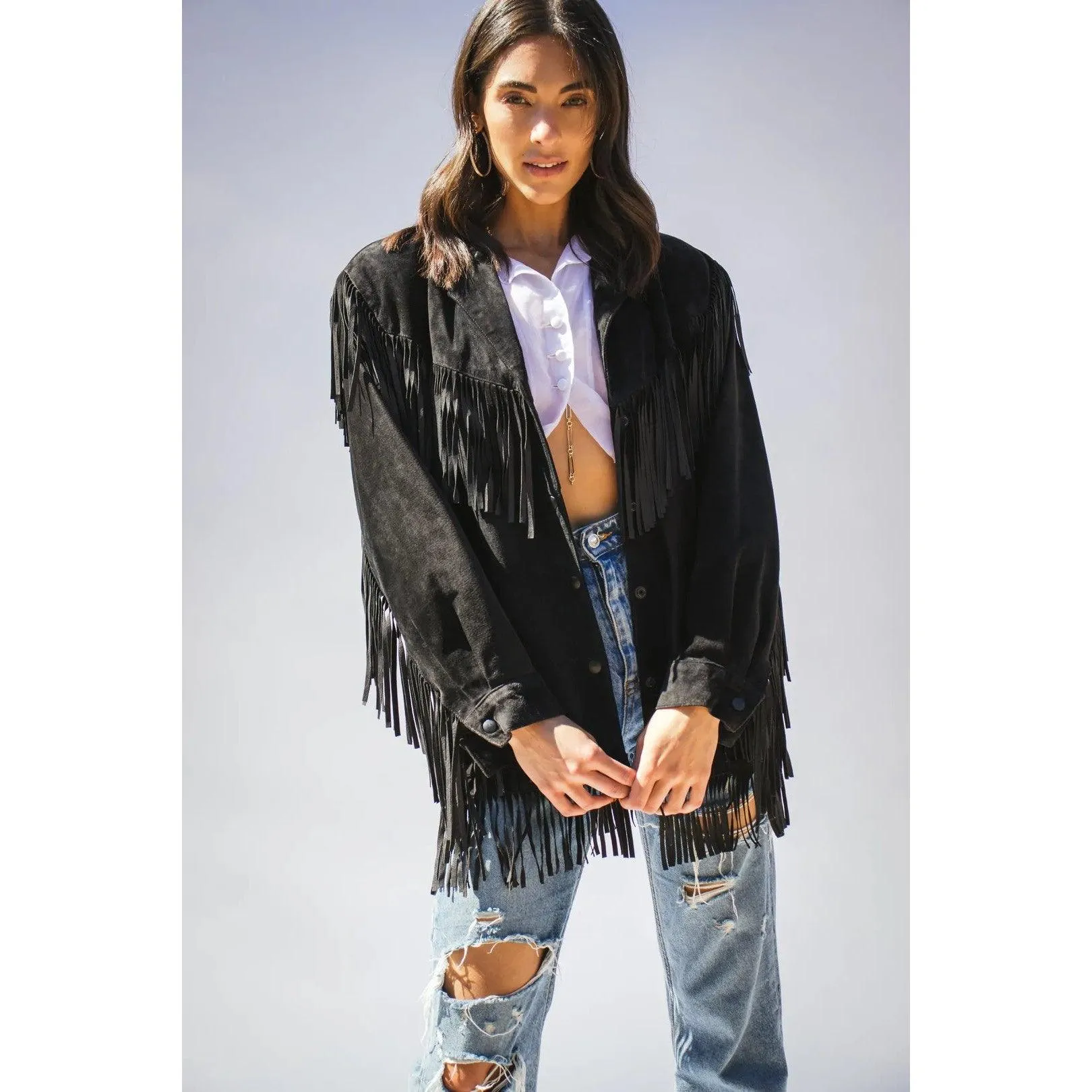 VAKKO 80's Black Suede Fringe Coat