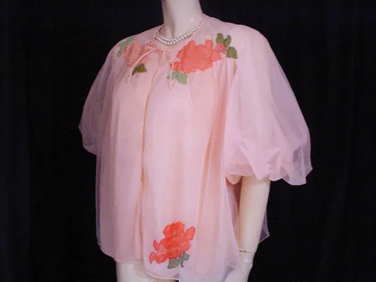 *VINTAGE VAN RAALTE MYTH PEACH DOUBLE NYLON PEIGNOIR & NIGHTGOWN SET WITH LACE APPLIQUES