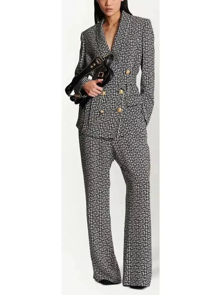 Women’s Belted Black and White Monogram Double-Breasted Blazer and Pant Suit