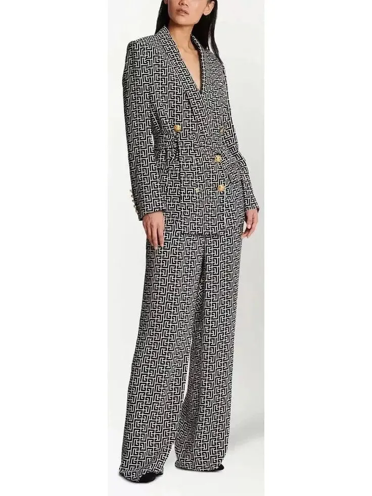 Women’s Belted Black and White Monogram Double-Breasted Blazer and Pant Suit