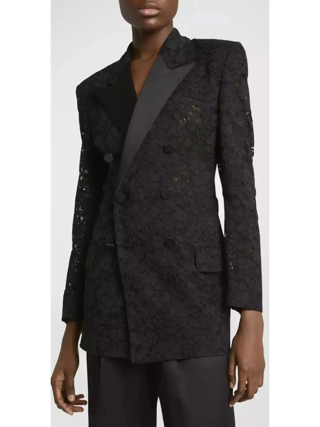 Women’s Black Double-Breasted Satin Trimmed Lace Blazer