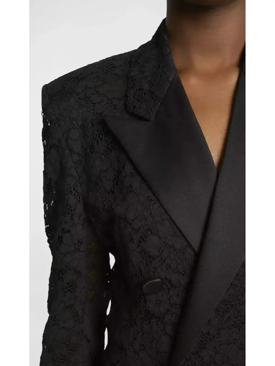 Women’s Black Double-Breasted Satin Trimmed Lace Blazer