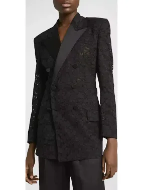 Women’s Black Double-Breasted Satin Trimmed Lace Blazer