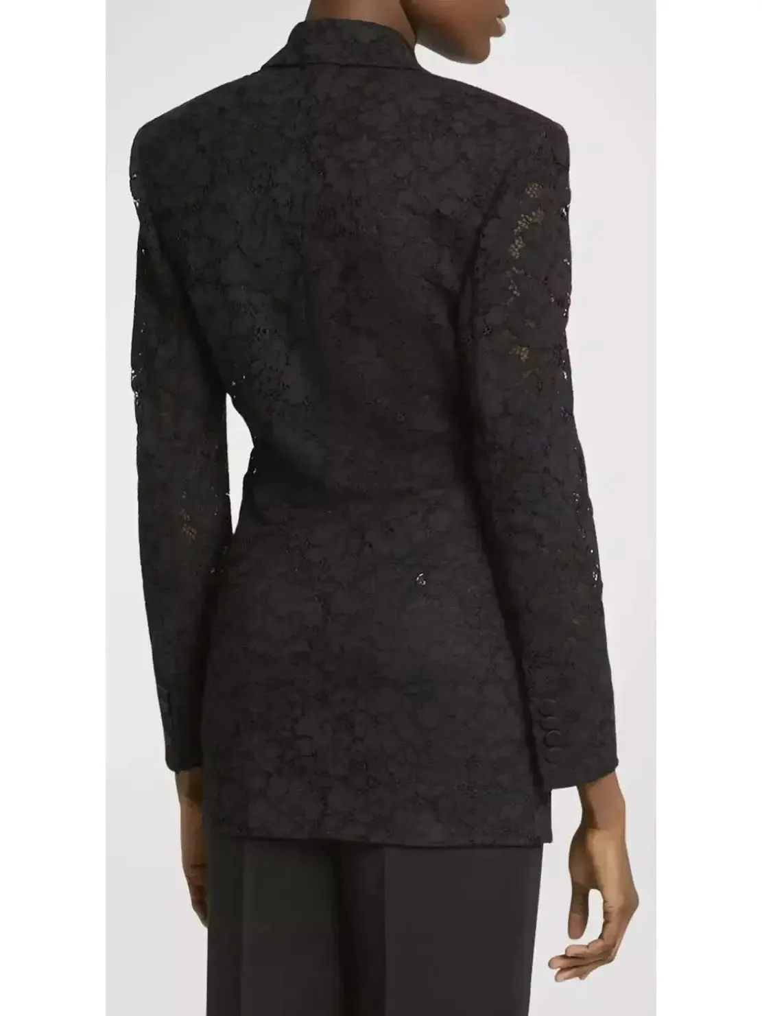 Women’s Black Double-Breasted Satin Trimmed Lace Blazer