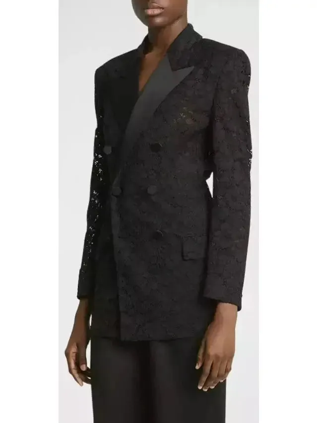 Women’s Black Double-Breasted Satin Trimmed Lace Blazer