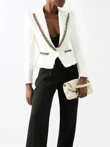 Women’s Chain-Trim White Tweed Blazer