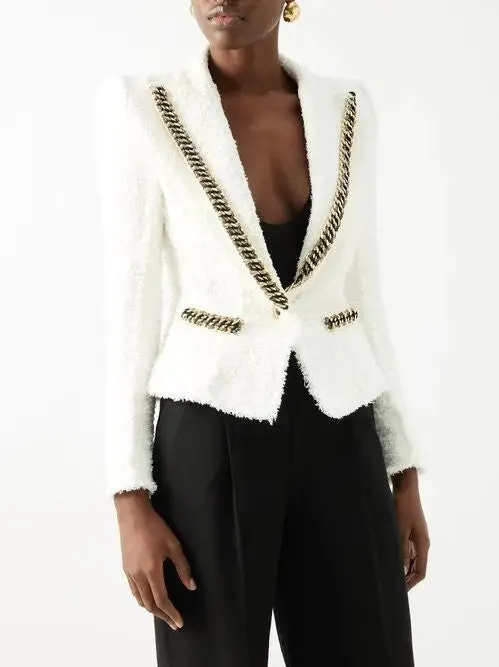 Women’s Chain-Trim White Tweed Blazer