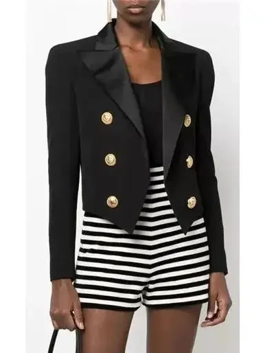 Women’s Double-Breasted Cropped Tuxedo Blazer, Black