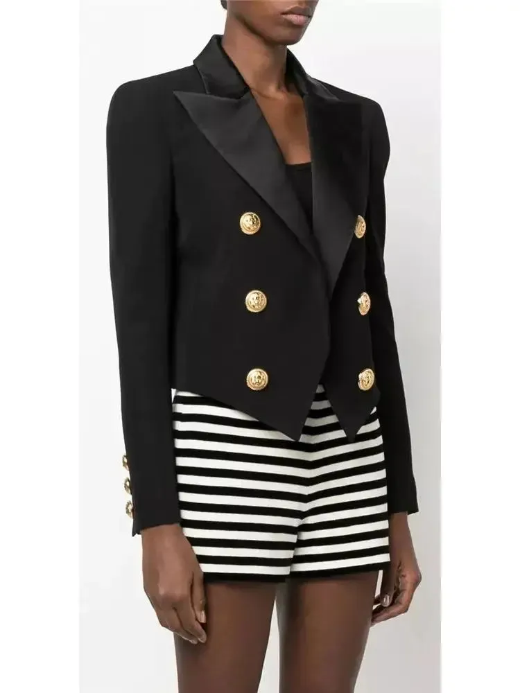 Women’s Double-Breasted Cropped Tuxedo Blazer, Black