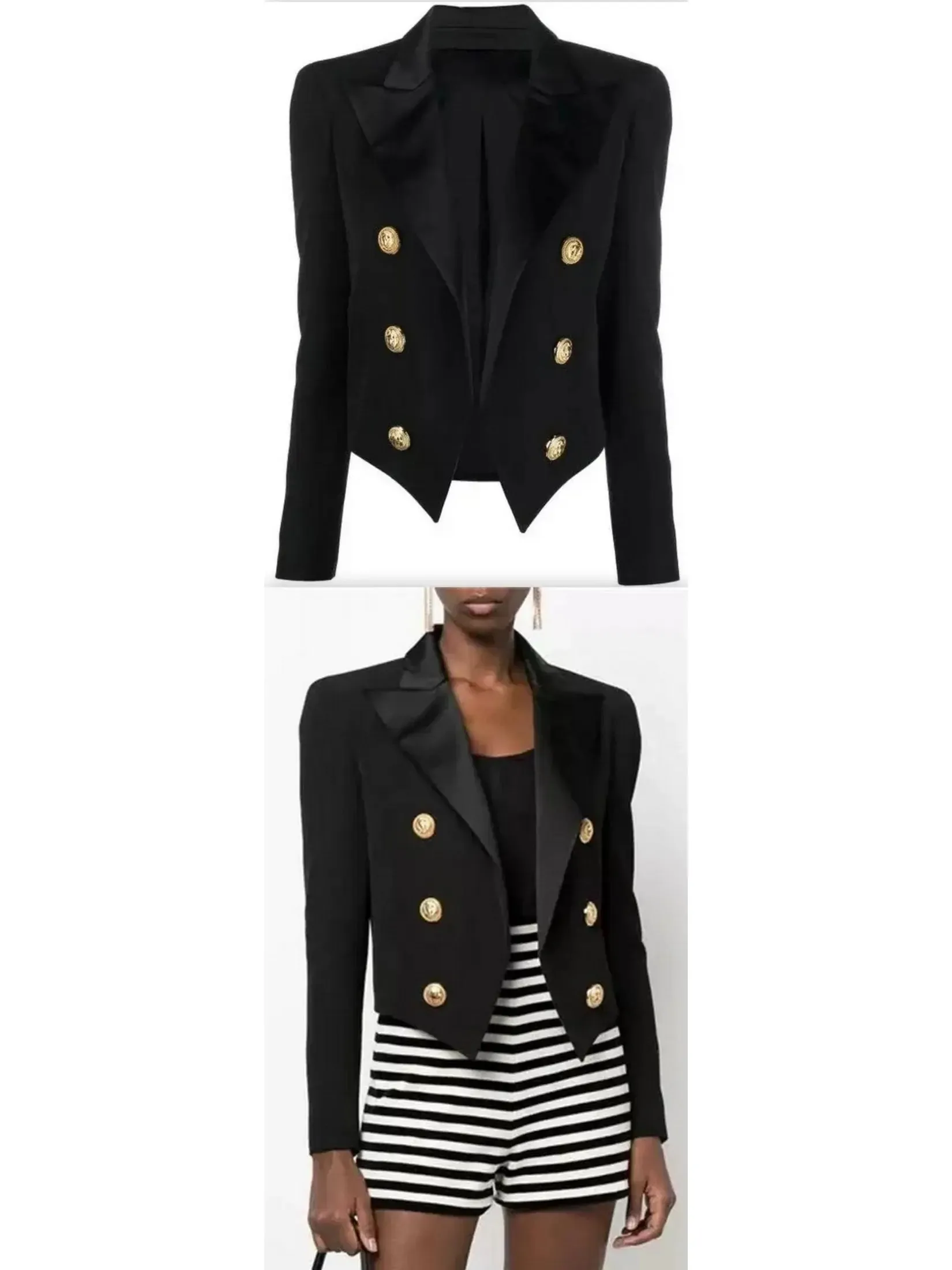 Women’s Double-Breasted Cropped Tuxedo Blazer, Black