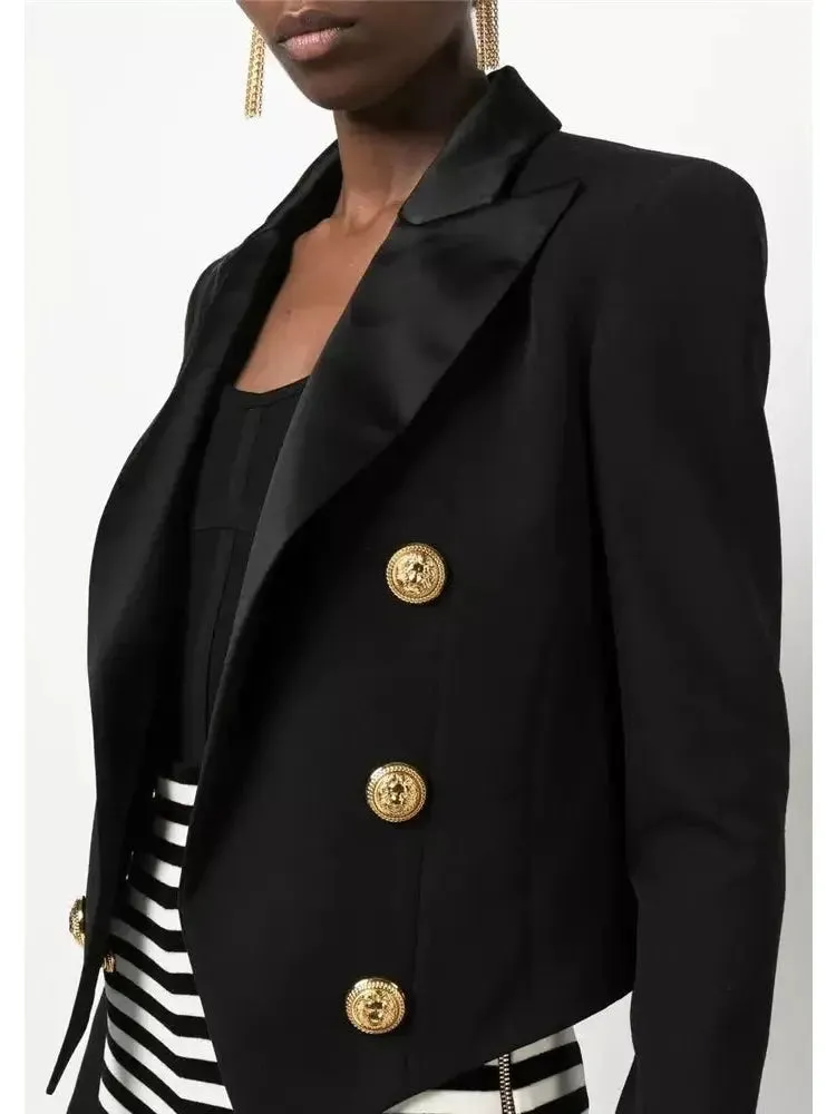 Women’s Double-Breasted Cropped Tuxedo Blazer, Black