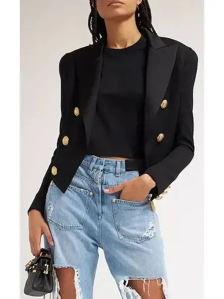 Women’s Double-Breasted Cropped Tuxedo Blazer, Black