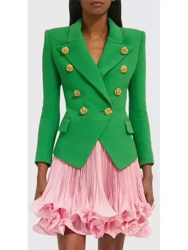 Women’s Double-Breasted Gold Button Embellished Blazer in Green