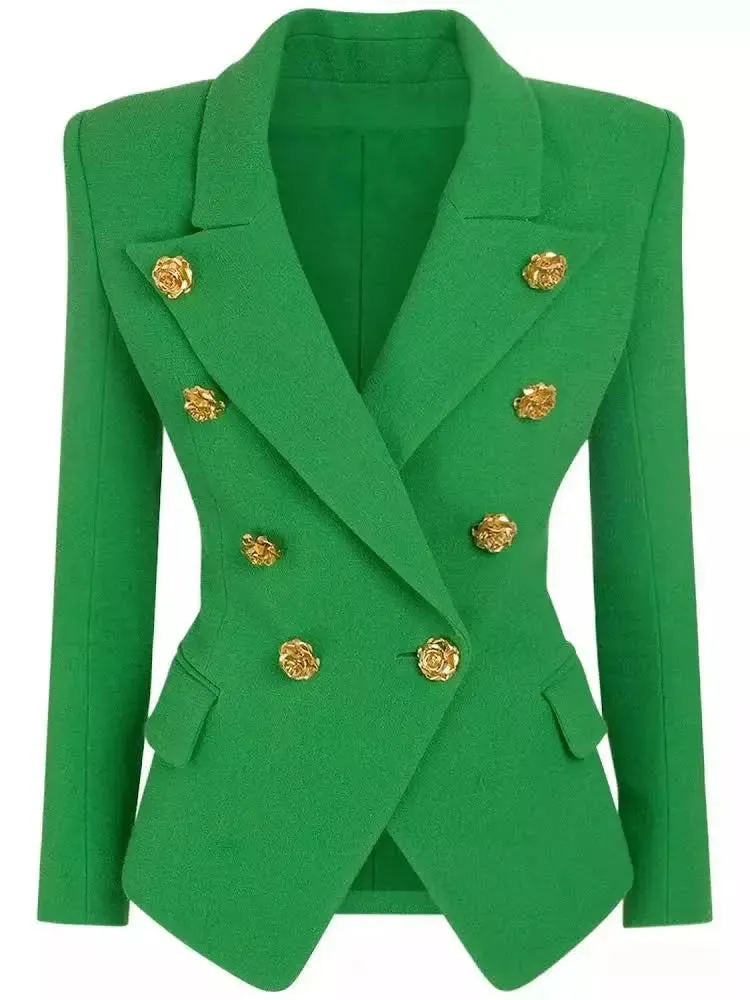 Women’s Double-Breasted Gold Button Embellished Blazer in Green